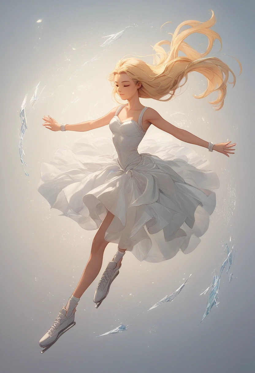 Figure skating, wearing a mini-length costume with a white background and lavender accents, a beautiful skater jumps and spins, floating in the air, hands clasped in front of her chest, blonde bob hair spinning and messy, light particles dancing on the ice rink, under the spotlight, sophisticated design, 8K quality, animation