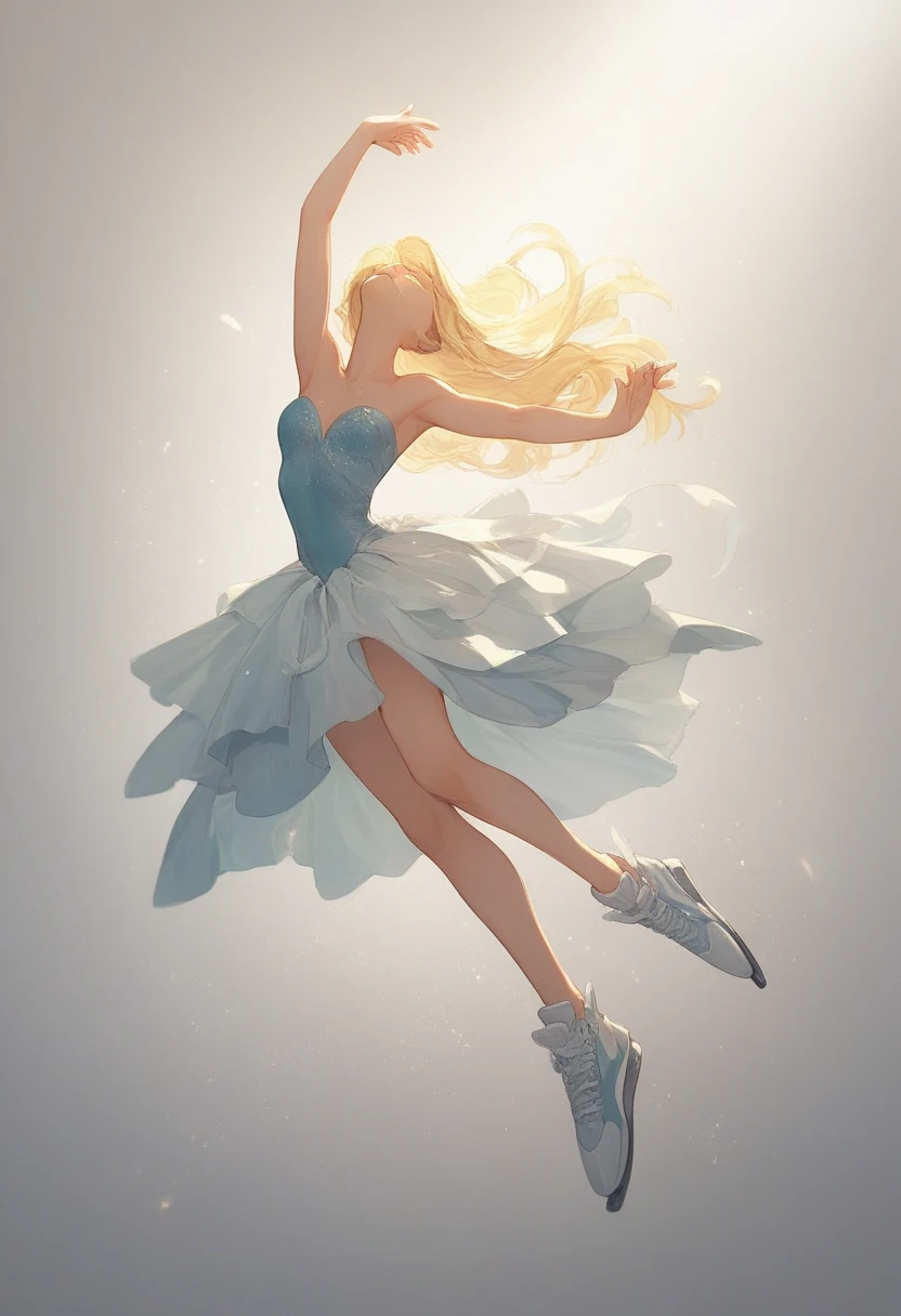 Figure skating, wearing a mini-length costume with a white background and lavender accents, a beautiful skater jumps and spins, floating in the air, hands clasped in front of her chest, blonde bob hair spinning and messy, light particles dancing on the ice rink, under the spotlight, sophisticated design, 8K quality, animation