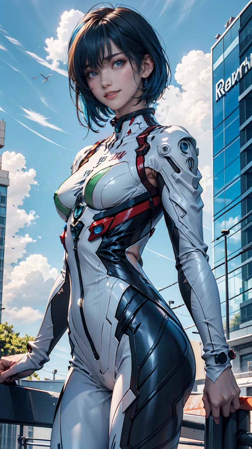 hyper quality、8K quality、High resolution、Image quality taken with a single-lens reflex camera、(SFW)、perfect anatomy、(Crimson theme)tragic mecha girl、A beautiful 20-year-old girl with medium-length blue hair.brown eyes(smile:1.5)(Good shape and normal breasts、cleavage:1.2)、（White Bikini Swimsuit:1.2）BREAK(The arms below the elbows and the legs below the knees are three-dimensional mechanical parts.)BREAK（perfect anatomy:1.4）(sitting:1.2)BREAK(Sunny skies and some clouds)(Poolside resort:1.5)