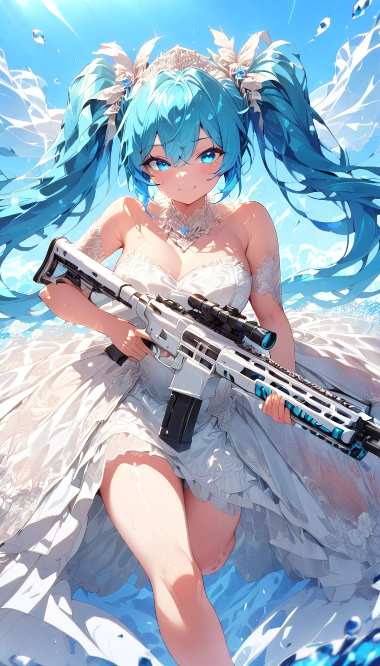 girl masterpiece, best quality high resolution, twintails, blue hair, blue eyes, very long hair, middle breast, detailed face, beautiful shape,  hatsune miku, wearing white wedding dress, naked foot, gripping a rifle, running, smiling, blue sky, turf