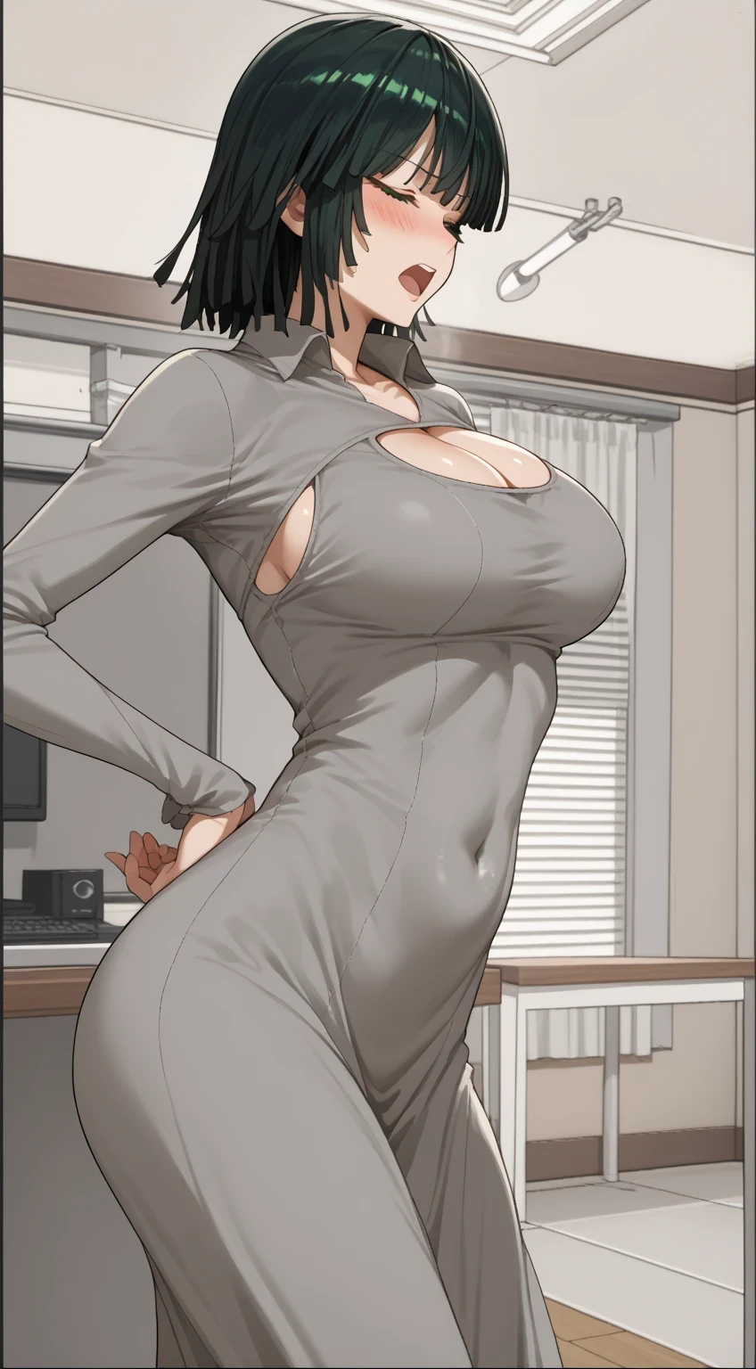 score_9, score_8_up, score_7_up, source_anime, BREAK 1girl, EPopmFubuki, black hair, short hair, green eyes, large breast, 
 1girl, breasts, open_mouth, solo, cleavage, closed_eyes, large_breasts, covered_navel, medium_hair, green_hair, indoors, dress, grey_dress, bangs, long_sleeves, blush, clothing_cutout,