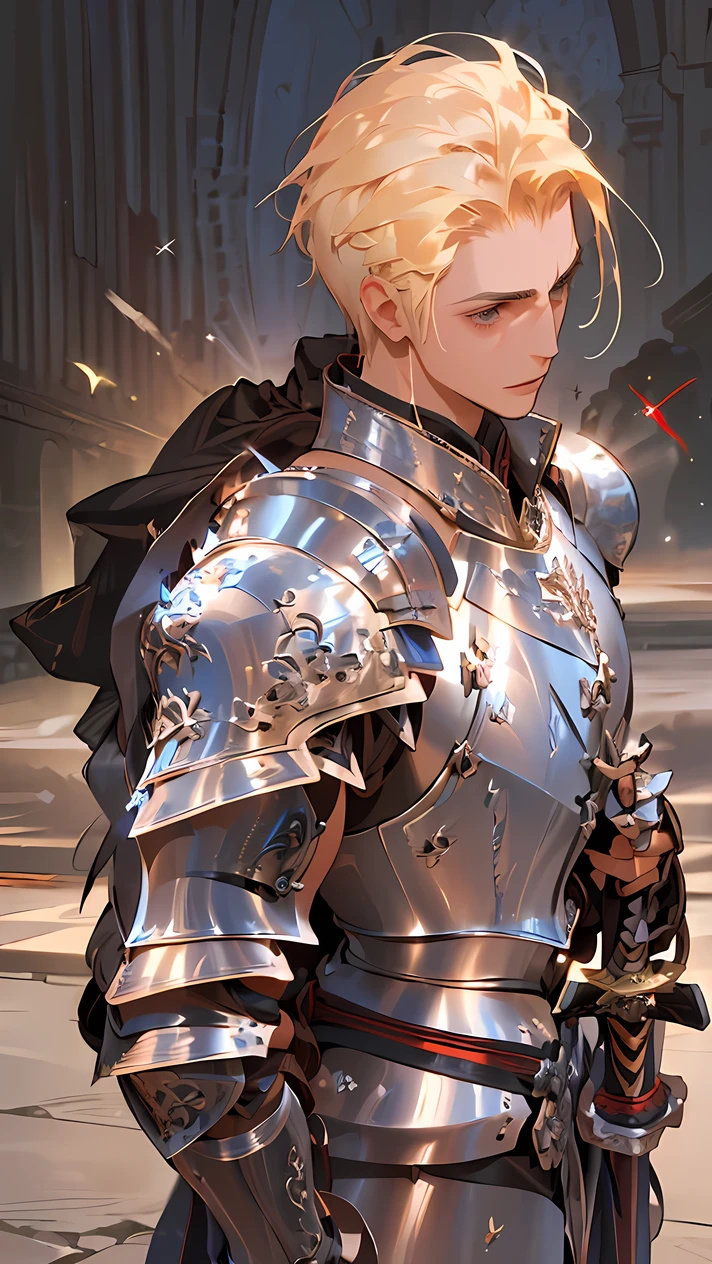 (((Best quality, 8k, Masterpiece: 1.3)), ((best quality)), ((masterpiece)), (detailed), perfect face, perfect body, (detailed skin:1.3), (intricate details), blonde hair, hair slicked back, Knight, royal guard, shiny sword, metal armor, gauntlets, elaborate armor, detailed armor, male