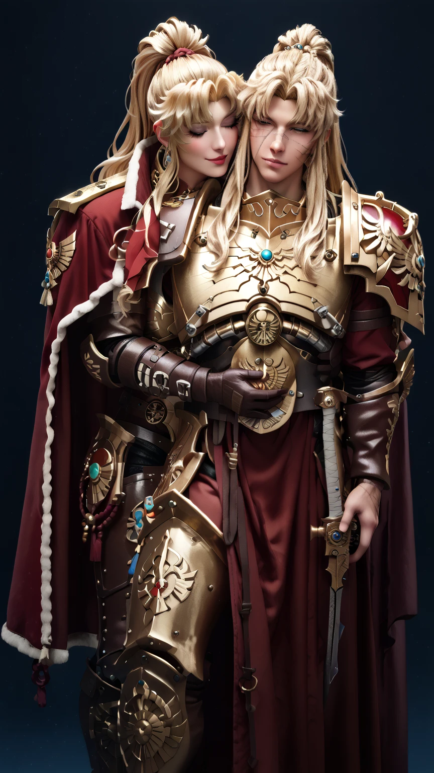 fdom_rfb
hetero
Handjob
reach-around
covering another's mouthslimes_balalaika ,scar ,blonde hair, Female Adeptus custodes, adeptus custodes, golden armor, wh40k, red cape, winged armor, gold armor, large and strong build