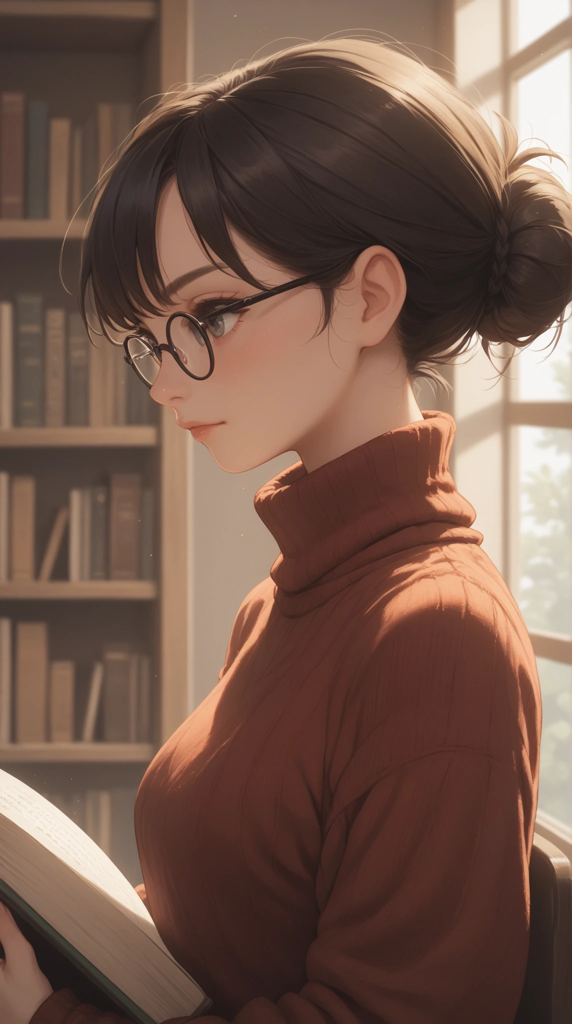 side view, a cute woman in glasses is reading a book in the library, messy bun, glasses, turtleneck sweater, natural light, elaborate details