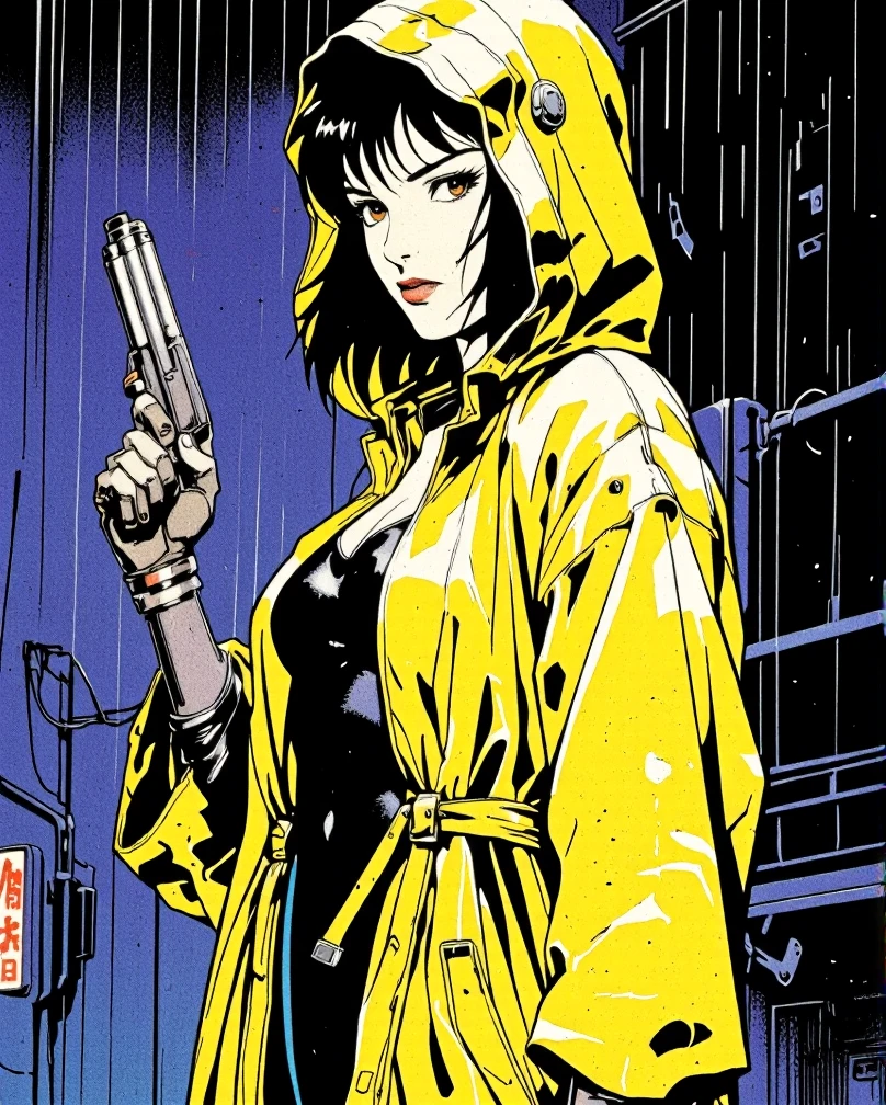 Black Hair、Cold look:1.5、Woman in her 30s、Dark Background、One Cool Lady:1.5、Anxious expression、night、whole photo、Dark Eyes、Black gloves、weak、、Interacting with Machine Lifeforms、Japanese manga style、Have a weapon