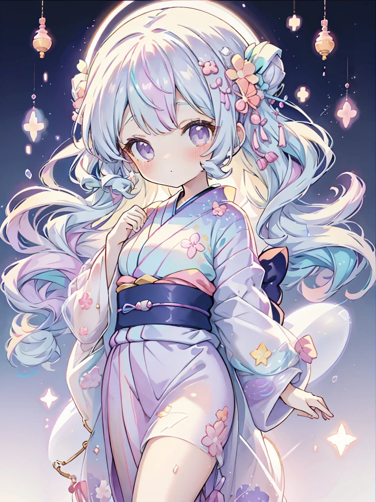  iridescent pastel colors、The background is a full moon starry sky、Beautiful girl in a yukata