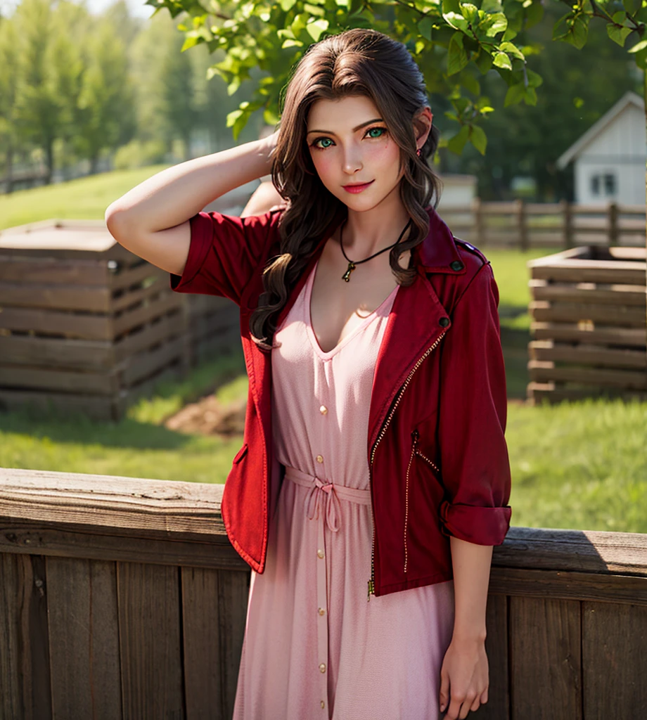 masterpiece, top quality, high definition , 1 girl,Alone,  with a red bow , green eyes, hair ornament,I'm wearing a red jacket over a pink summer long dress, Cowboy Shot ,looking at viewer,farm, outdoor,