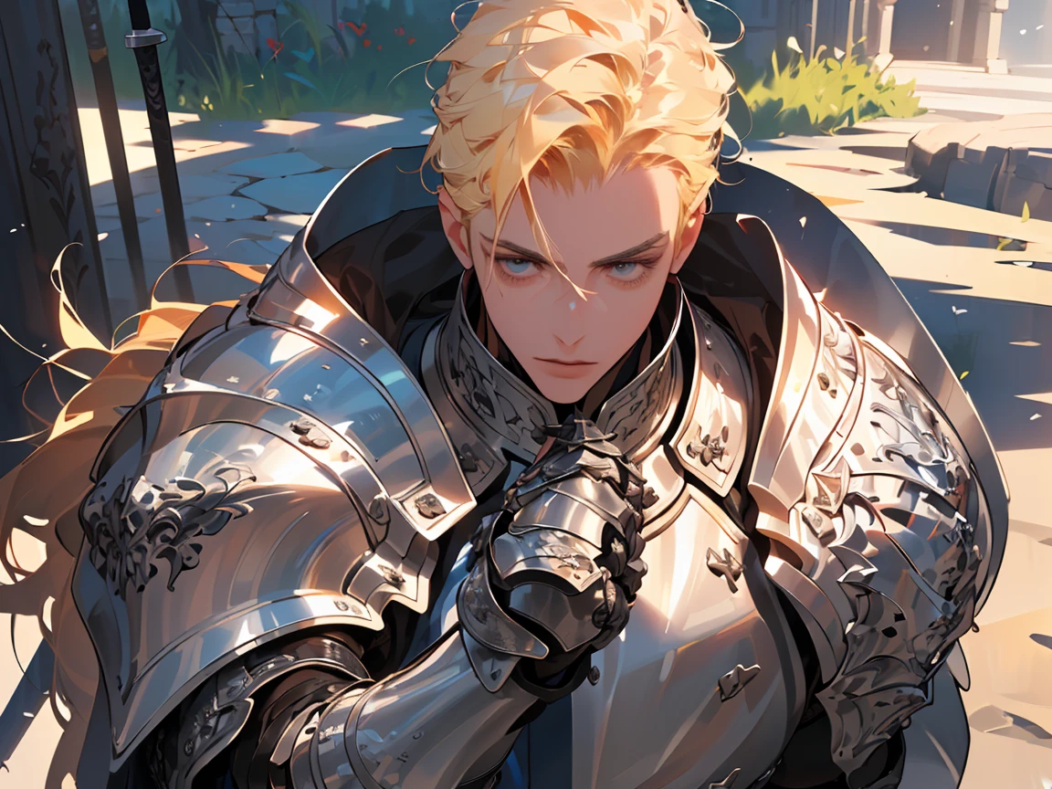 (((Best quality, 8k, Masterpiece: 1.3)), ((best quality)), ((masterpiece)), (detailed), perfect face, perfect body, (detailed skin:1.3), (intricate details), blonde hair, hair slicked back, Knight, royal guard, shiny sword, metal armor, gauntlets, elaborate armor, detailed armor, male