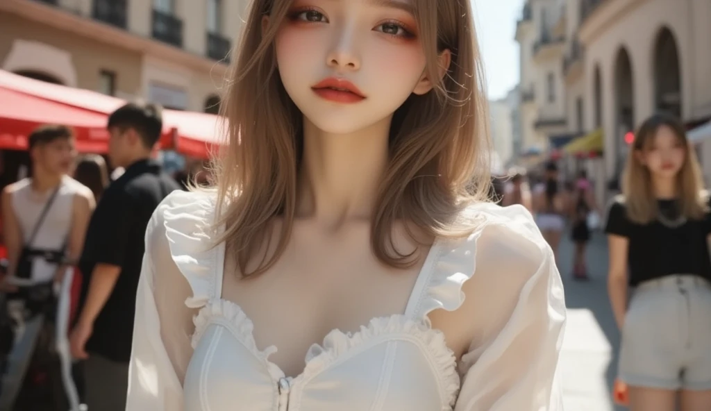 (masterpiece,  best image quality , 8k),Super realistic,  real photo ,Idol appearance,Prague Street ,Clear day ,adult,  perfection of fashion,The warm sunshine is falling, white shirt,blouse, Korean Makeup, Lip Tint, full body, frontal, faint smile,Outdoor, Exquisitely Painted , ultra high definition,  smooth skin,  The highly detailed , High quality,  High Details ,  high resolution,  out of focus background, pictorial, Standup,female,No hair accessories,