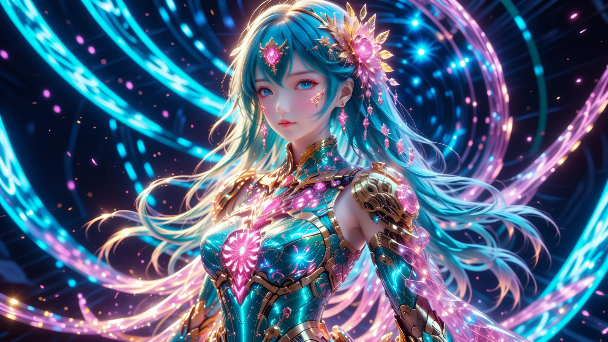 A Masterpiece In 32K Resolution, Supreme Quality, Super Detail, Official Art, Very High-Resolution 32K Wallpaper, Beautiful And Aesthetic, Ultra-Detailed Features, Awe-Inspiring Detail. A Stunning Anime Magical Girl In The Midst Of A Transformation Sequence, With Futuristic Tech-Based Armor Forming Around Her. The Scene Features Vibrant Glow Effects In Pink, Gold, And Teal, Floating Digital Particles Surrounding Her, And A Futuristic Laboratory Background With Holographic Screens.