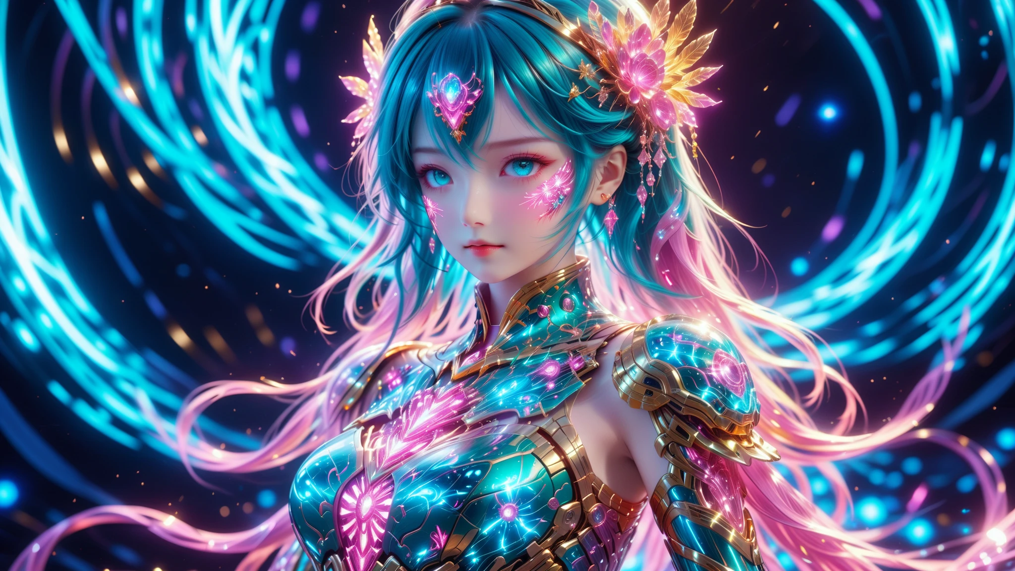 A Masterpiece In 32K Resolution, Supreme Quality, Super Detail, Official Art, Very High-Resolution 32K Wallpaper, Beautiful And Aesthetic, Ultra-Detailed Features, Awe-Inspiring Detail. A Stunning Anime Magical Girl In The Midst Of A Transformation Sequence, With Futuristic Tech-Based Armor Forming Around Her. The Scene Features Vibrant Glow Effects In Pink, Gold, And Teal, Floating Digital Particles Surrounding Her, And A Futuristic Laboratory Background With Holographic Screens.