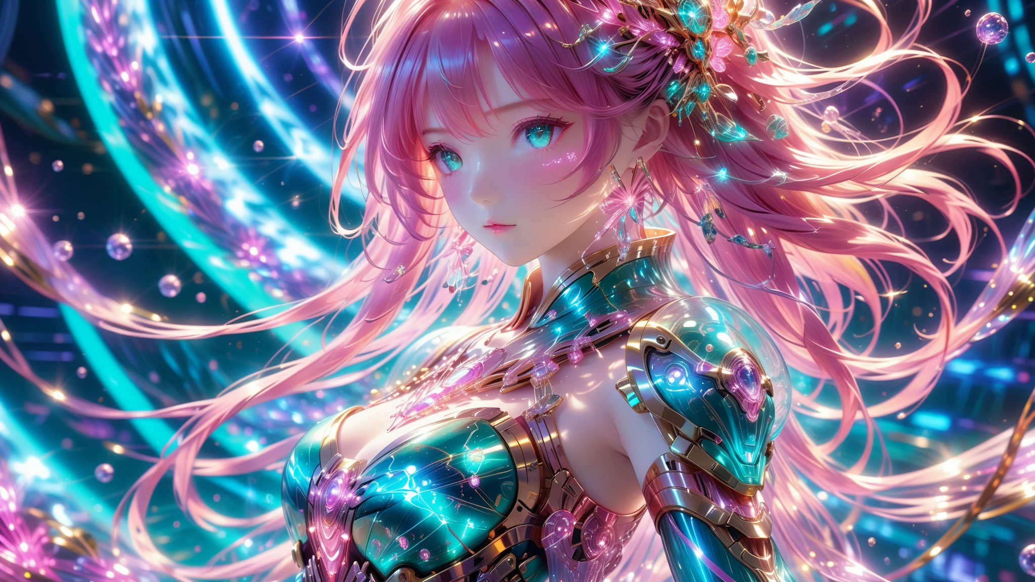 A Masterpiece In 32K Resolution, Supreme Quality, Super Detail, Official Art, Very High-Resolution 32K Wallpaper, Beautiful And Aesthetic, Ultra-Detailed Features, Awe-Inspiring Detail. A Stunning Anime Magical Girl In The Midst Of A Transformation Sequence, With Futuristic Tech-Based Armor Forming Around Her. The Scene Features Vibrant Glow Effects In Pink, Gold, And Teal, Floating Digital Particles Surrounding Her, And A Futuristic Laboratory Background With Holographic Screens.