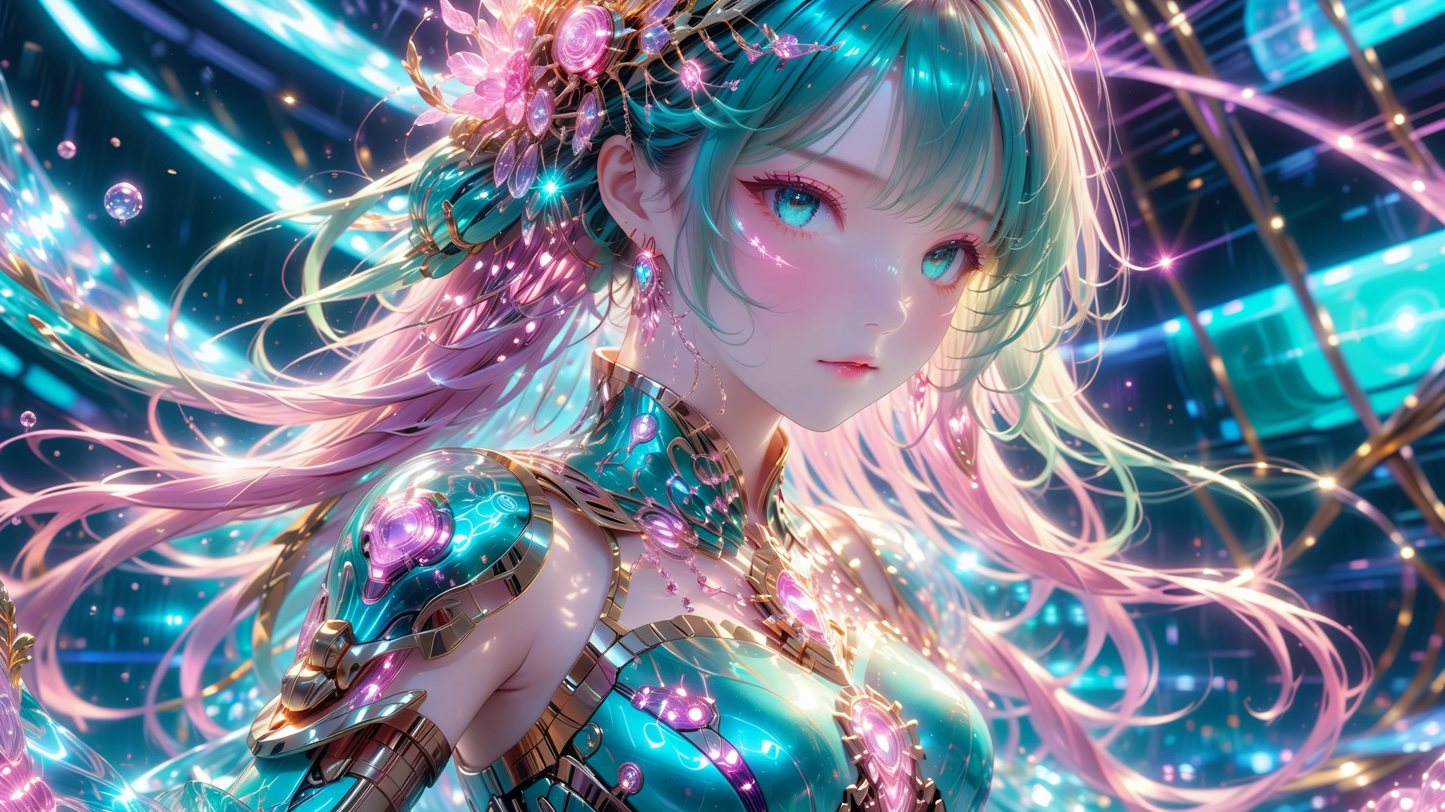 A Masterpiece In 32K Resolution, Supreme Quality, Super Detail, Official Art, Very High-Resolution 32K Wallpaper, Beautiful And Aesthetic, Ultra-Detailed Features, Awe-Inspiring Detail. A Stunning Anime Magical Girl In The Midst Of A Transformation Sequence, With Futuristic Tech-Based Armor Forming Around Her. The Scene Features Vibrant Glow Effects In Pink, Gold, And Teal, Floating Digital Particles Surrounding Her, And A Futuristic Laboratory Background With Holographic Screens.