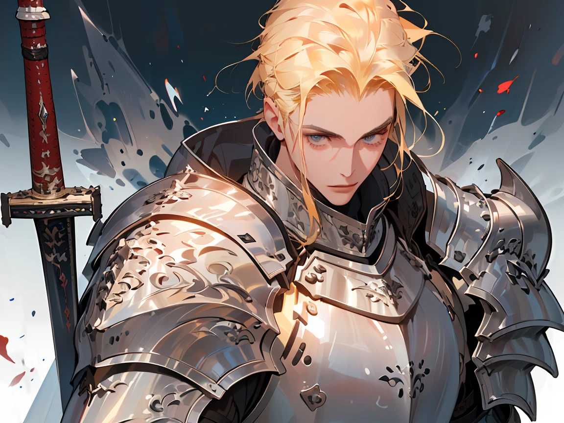 (((Best quality, 8k, Masterpiece: 1.3)), ((best quality)), ((masterpiece)), (detailed), perfect face, perfect body, (detailed skin:1.3), (intricate details), blonde hair, hair slicked back, Knight, royal guard, shiny sword, metal armor, gauntlets, elaborate armor, detailed armor, male