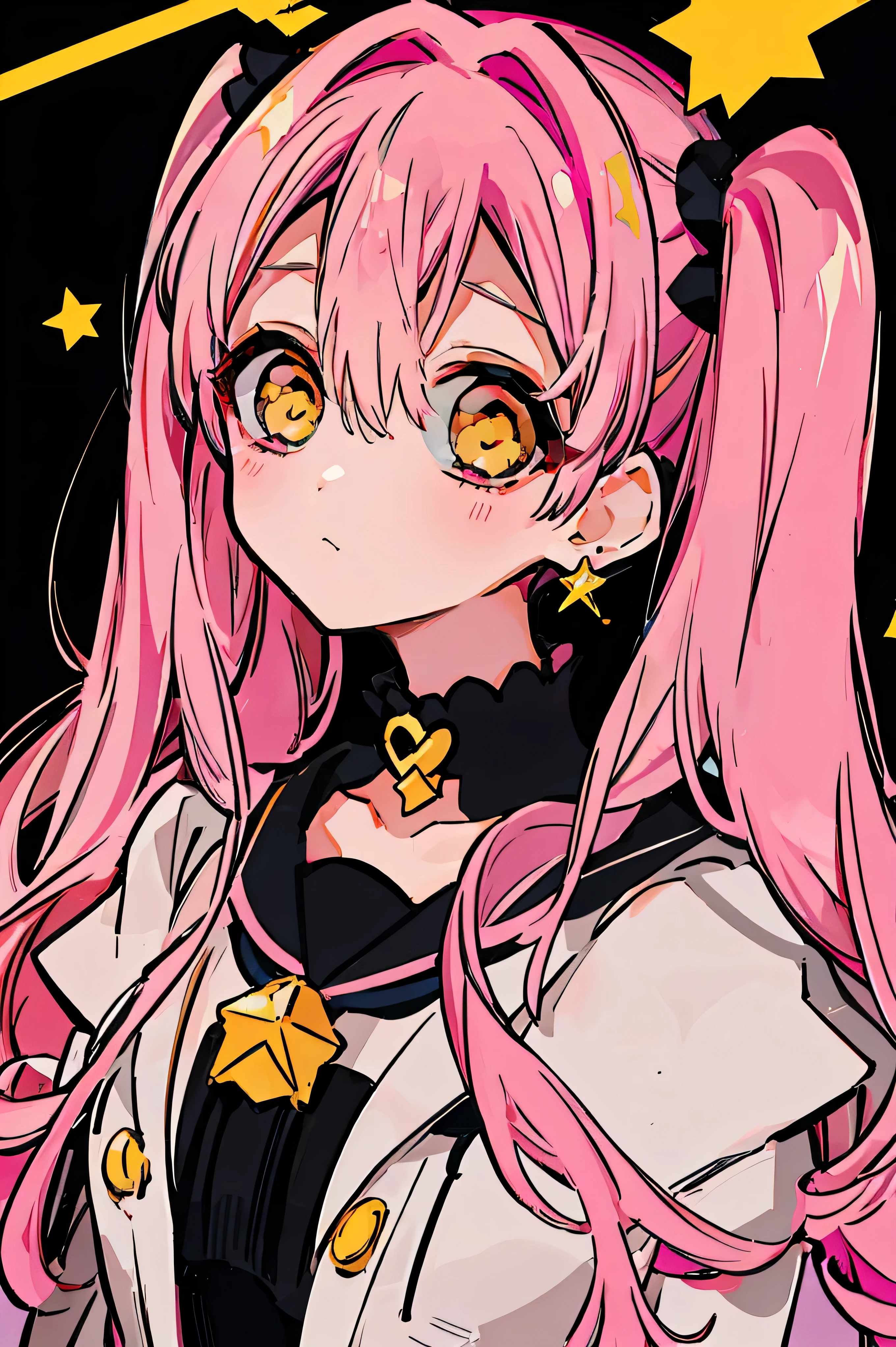 1 girl, yellow eyes, Twintails hair, long hair, pink hair, medium breast, medium ass, Bobby pins, choker, bored facial, star earrings