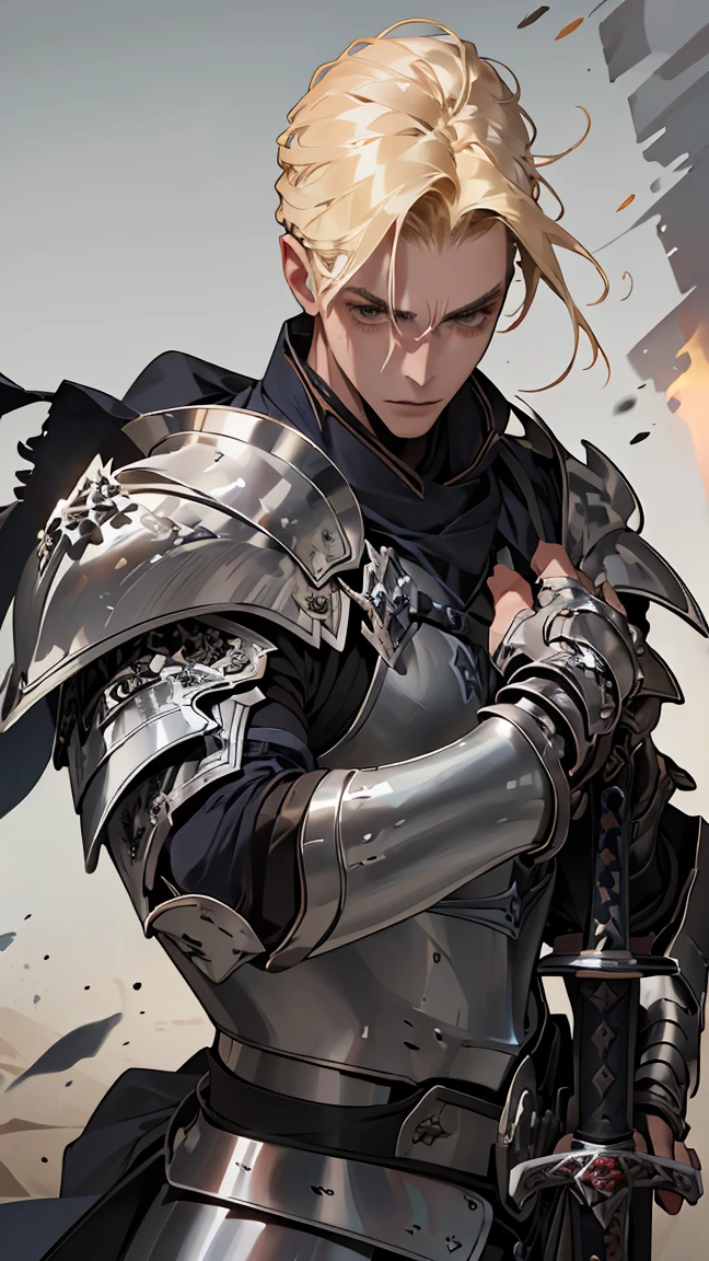 (((Best quality, 8k, Masterpiece: 1.3)), ((best quality)), ((masterpiece)), (detailed), perfect face, perfect body, (detailed skin:1.3), (intricate details), blonde hair, hair slicked back, Knight, royal guard, shiny sword, metal armor, gauntlets, elaborate armor, detailed armor, male, a young swordsmen is holding a sword and his other hand is supporting the blade to thrust the sword into his opponent