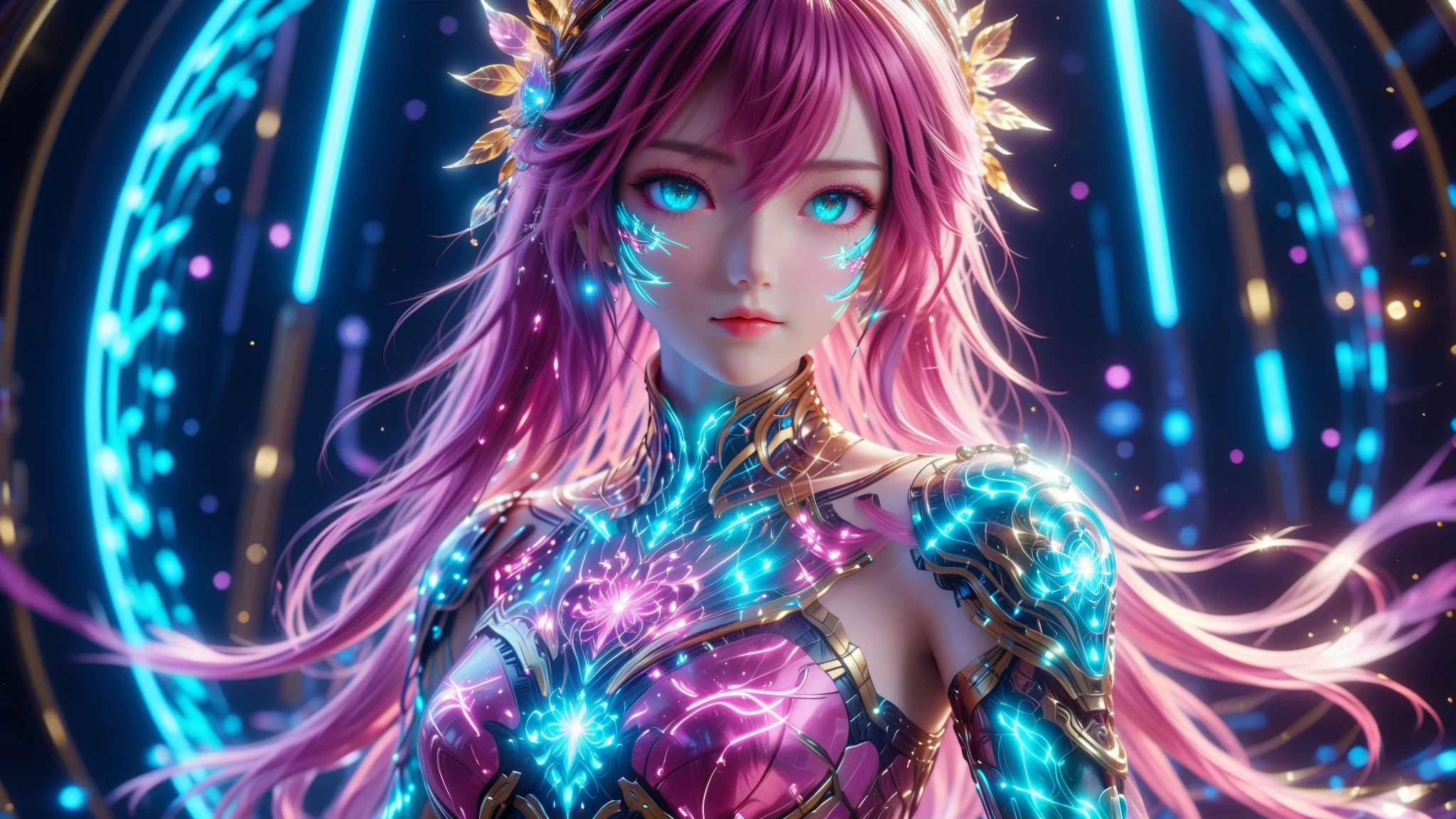 A Masterpiece In 32K Resolution, Supreme Quality, Super Detail, Official Art, Very High-Resolution 32K Wallpaper, Beautiful And Aesthetic, Ultra-Detailed Features, Awe-Inspiring Detail. A Stunning Anime Magical Girl In The Midst Of A Transformation Sequence, With Futuristic Tech-Based Armor Forming Around Her. The Scene Features Vibrant Glow Effects In Pink, Gold, And Teal, Floating Digital Particles Surrounding Her, And A Futuristic Laboratory Background With Holographic Screens.