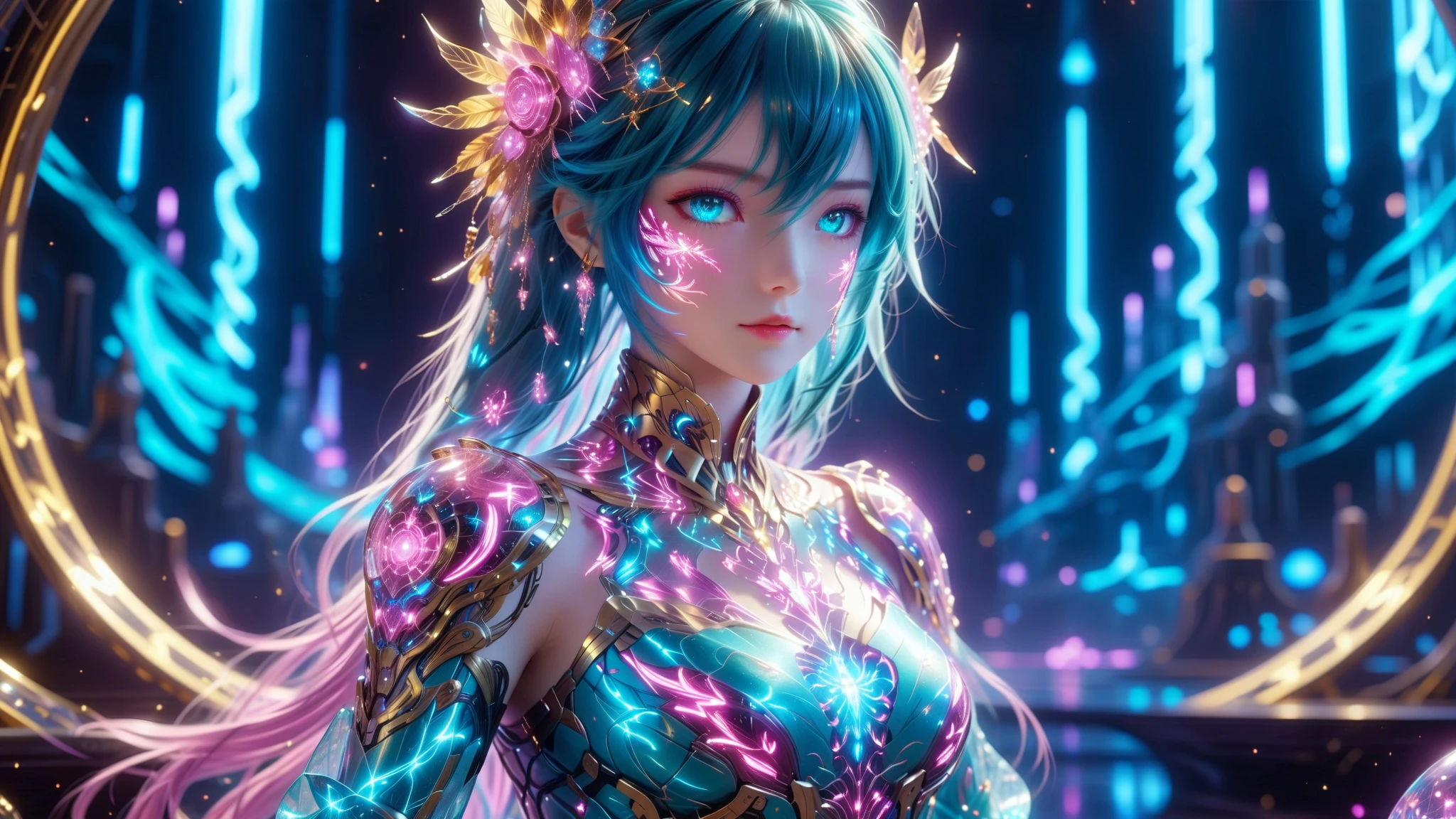 A Masterpiece In 32K Resolution, Supreme Quality, Super Detail, Official Art, Very High-Resolution 32K Wallpaper, Beautiful And Aesthetic, Ultra-Detailed Features, Awe-Inspiring Detail. A Stunning Anime Magical Girl In The Midst Of A Transformation Sequence, With Futuristic Tech-Based Armor Forming Around Her. The Scene Features Vibrant Glow Effects In Pink, Gold, And Teal, Floating Digital Particles Surrounding Her, And A Futuristic Laboratory Background With Holographic Screens.