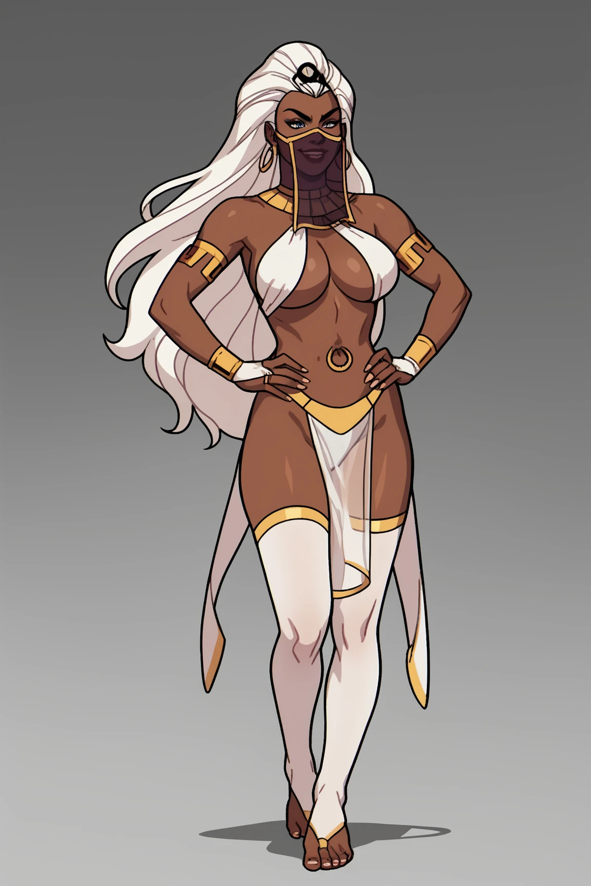 1girl, colored skin, black skin, circlet, facial mark, white hair, long hair, white hair, circlet, pelvis curtain, gold belt, neck ring, bracer, large breasts, purple eyes, no mouth, hand on hip, hand up, thick thighs, queentyr, outdoors, Masterpiece, best quality, Masterpiece, best quality, Masterpiece, best quality, Masterpiece, best quality, Masterpiece, best quality, Masterpiece, best quality