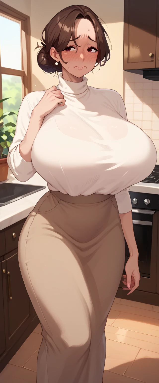 Best quality, Milf, mature woman, demure mom, detailed face, brown hair, messy bun hairstyle, brown eyes, huge breasts, small waist, wide hips, shy embarrassed face, white turtleneck blouse, long brown skirt, kitchen in the background 