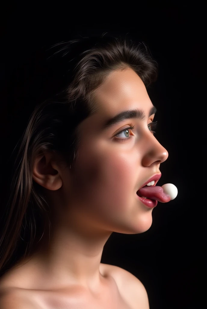 (very realistic photography),(masterpiece, best quality:1.3), 1girl, (alone), from the side, her beautiful profile,
((young Jennifer Connelly)),(at age 15),
she might be naked.,
with cute face with adorably plump cheeks, 
scooped nose arched high with a turned-up tip,
no make up,
she has fair skin.,
with precocious female body with precociously large blreasts and broad wide shoulders, 
Jennifer Connelly's unique and beautiful face is recreated.,
a bit wet shiny long dark hair fluttering,
She opens her mouth wide as sticking out her long tongue.,
a white candy is on her tongue.,
Intense light illuminating on her beautiful face.,
black background,