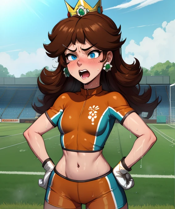 Daisy,brown hair,blue eyes,long hair,flower earrings,small crown, number 8 soccer uniform, short sleeves, white gloves, orange shorts, midriff, number 8, standing, sweaty, exhausted, hand on hips soccer field, science fiction, outdoors, open mouth, out of breath, wet with sweat, covered in sweat, sweaty belly, sweaty body, sweaty face, tired expression (insanely detailed, masterpiece, best quality),