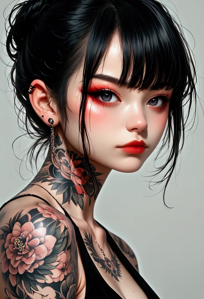 [Anime girl with half-white, half-black hair, multiple tattoos, and a confident pose, subtly showing off her body, expressing a blend of coolness and vulnerability], [Digital painting, anime style with realistic shading and detailing], [Inspired by the style of  various popular anime artists focusing on character design], [Soft, diffused lighting, emphasizing the details of the tattoos and hair; cool-toned color palette with pops of red from the tattoos; smooth skin texture contrasted with the sharp lines of the clothing and tattoos; simple grey background; high-resolution rendering; focus on the character's face and upper body.]