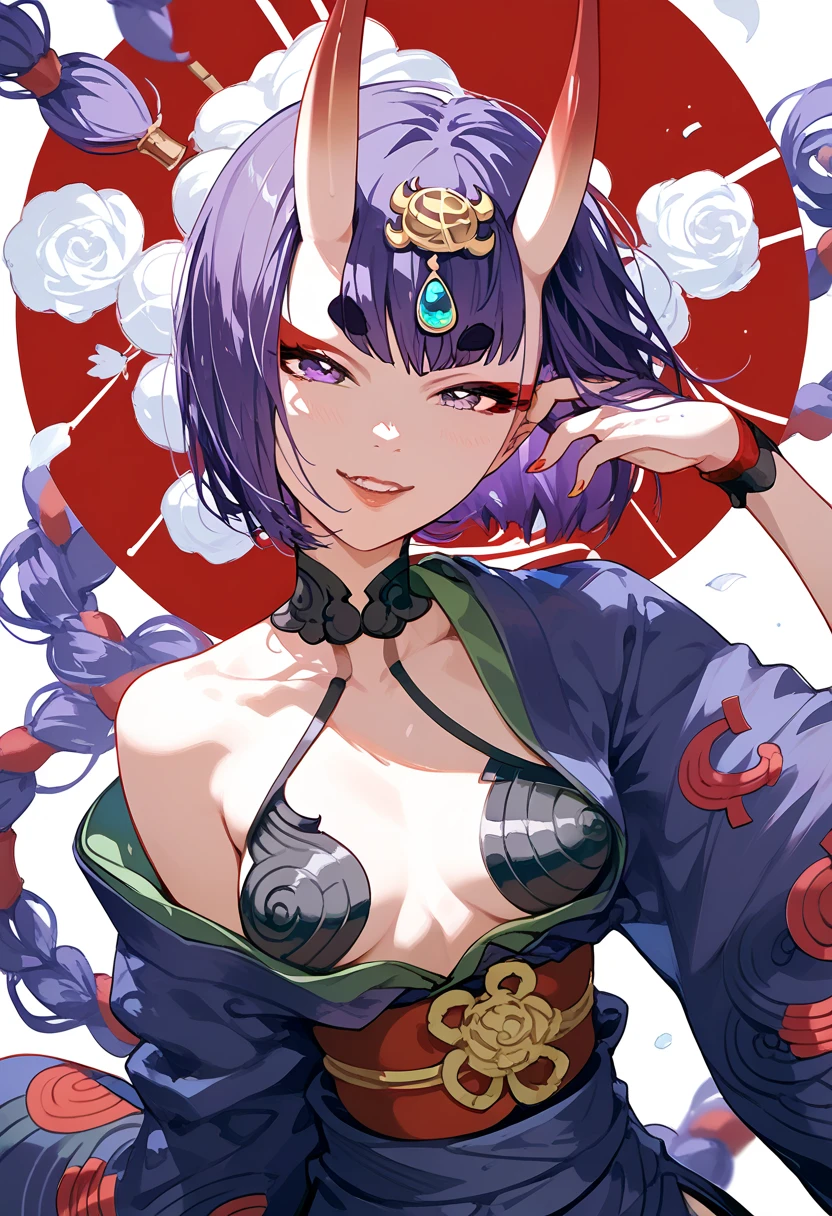 Shuten Doji, purple hair, bob cut,Round eyebrows,1 girl with red eyeliner,  high definition ,  very long hair, Wearing a kimono