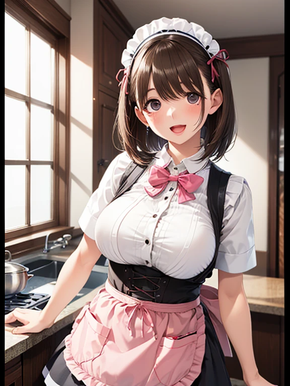 ((highest quality, High resolution,  perfect pixel, written boundary depth, 4K)), 1 girl,  (beautiful anime girl), Depth of the bounds written, 
close, looking at the viewer, 
perfect body, 

my grandmother, huge breast, , 

(blush), smile, open mouth, 

crew, pink bow tie, white shirt, short sleeve, pink skirt, pink apron, Gingham Check Apron, high waist skirt, 
Bakery background, 
large breasts, shortcuts, Brown Hair,  bob hair,  kitchen、Inside the store