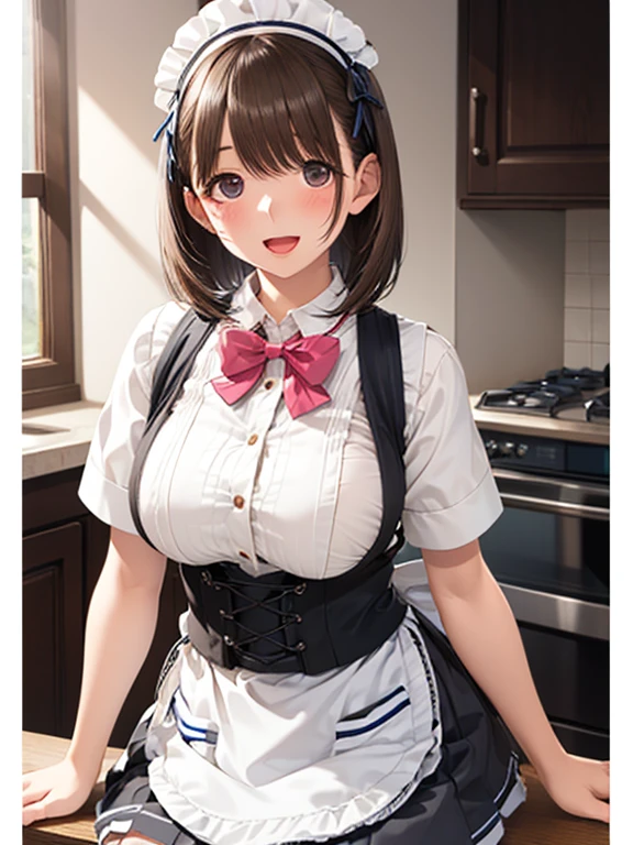 ((highest quality, High resolution,  perfect pixel, written boundary depth, 4K)), 1 girl,  (beautiful anime girl), Depth of the bounds written, 
close, looking at the viewer, 
perfect body, 

my grandmother, huge breast, , 

(blush), smile, open mouth, 

crew, pink bow tie, white shirt, short sleeve, pink skirt, pink apron, Gingham Check Apron, high waist skirt, 
Bakery background, 
large breasts, shortcuts, Brown Hair,  bob hair,  kitchen、Inside the store