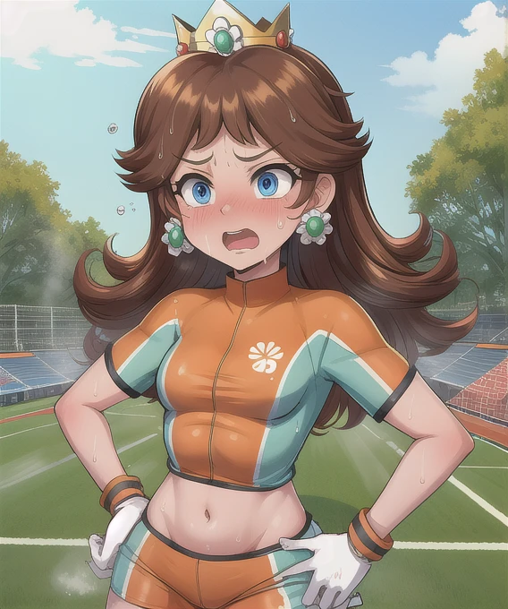 Daisy,brown hair,blue eyes,long hair,flower earrings,small crown, number 8 soccer uniform, short sleeves, white gloves, orange shorts, midriff, number 8, standing, sweaty, exhausted, hand on hips soccer field, science fiction, outdoors, open mouth, out of breath, wet with sweat, covered in sweat, sweaty belly, sweaty body, sweaty face, tired expression (insanely detailed, masterpiece, best quality),