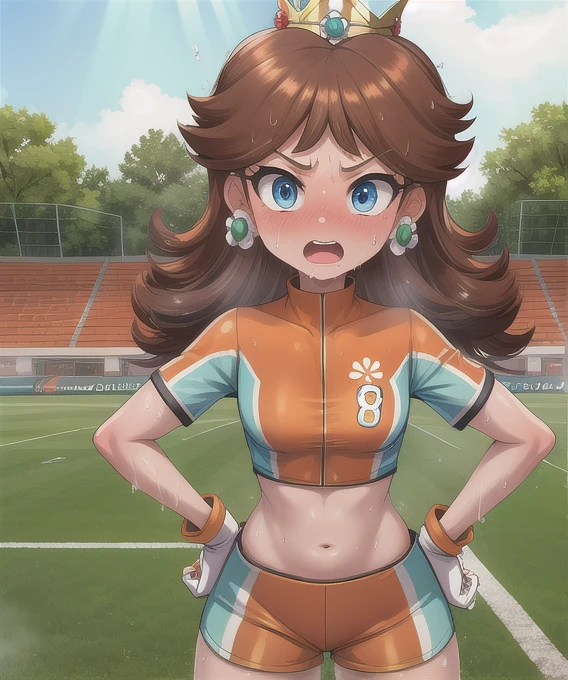 Daisy,brown hair,blue eyes,long hair,flower earrings,small crown, number 8 soccer uniform, short sleeves, white gloves, orange shorts, midriff, number 8, standing, sweaty, exhausted, hand on hips soccer field, science fiction, outdoors, open mouth, out of breath, wet with sweat, covered in sweat, sweaty belly, sweaty body, sweaty face, tired expression (insanely detailed, masterpiece, best quality),