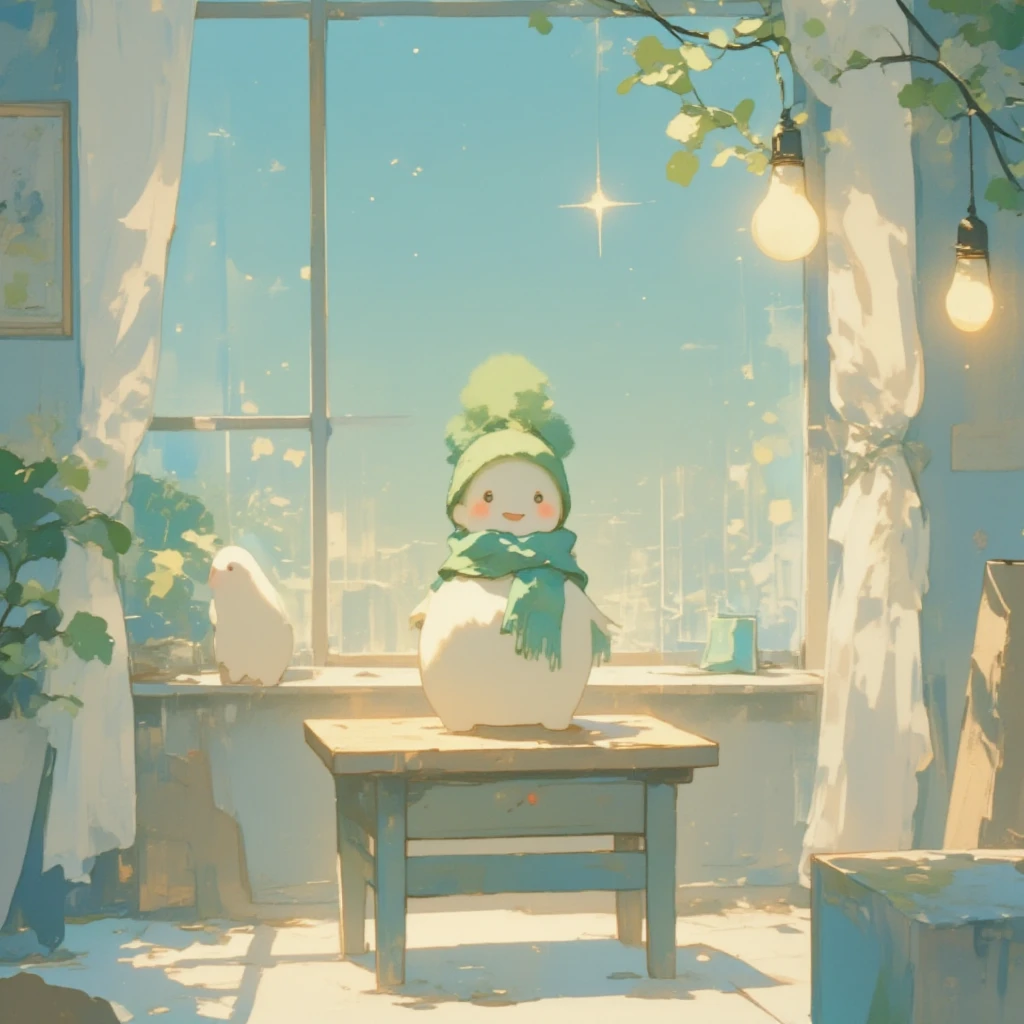 A whimsical small toy Daikon-snowman is sitting on a wooden table. The snowman has a green knitted hat with a pom-pom on the top of it.  smile on his face. he is wearing a green scarf around his neck. A small light bulb is hanging from a black cord on the right side of the table. A blurry background of lights can be seen in the distance.