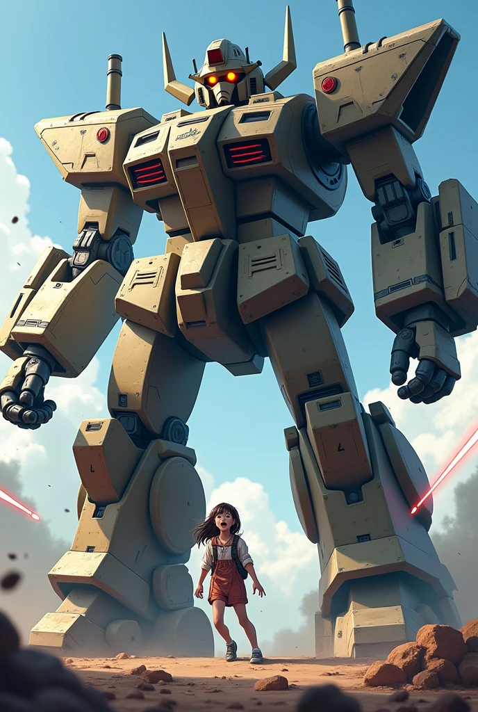 A gigantic mecha limbs, mecha robotic arms filled with cannons and rockets, mecha robotic feet, connected to small (twelve years old girl) open mouth yelling while shooting, cannons muzzle flashes, battlefield background, laserbeam deflection, shielding sphere, bullets richochet from robotic armor. 