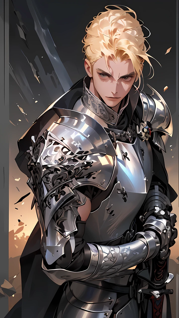 (((Best quality, 8k, Masterpiece: 1.3)), ((best quality)), ((masterpiece)), (detailed), perfect face, perfect body, (detailed skin:1.3), (intricate details), blonde hair, hair slicked back, Knight, royal guard, shiny sword, metal armor, gauntlets, elaborate armor, detailed armor, male, holding a sword, the blade to thrust the sword into his opponent