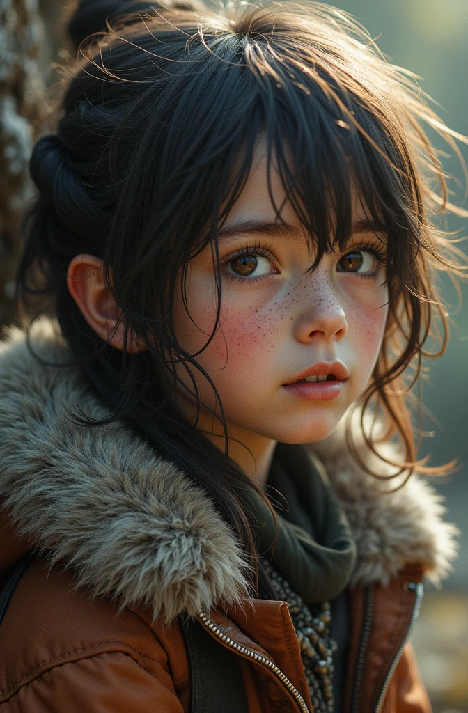 A child with hair as black as the night and eyes as gray as the moon, with his hunter father and bard mother Semi realistic style almost anime