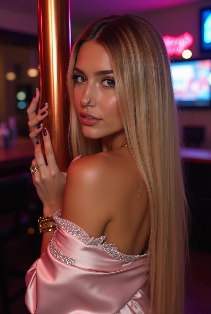 realistic bratz doll with light skin, straight blonde hair with black roots, she is sitting in a black Studio, with May Ferraz written in pink all over the wall, she is pointing up with both hands, she is wearing a striped sleeveless blouse black and white, with big nails,  wearing a diamond necklace with the name MAY FERRAZ written on it.
