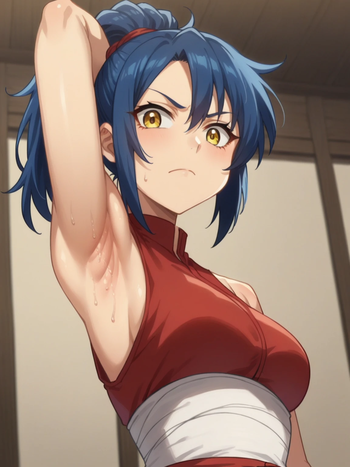 score_9, score_8_up, score_7_up, source_anime, anime screencap, 1girl, solo, manyuu chifusa, long hair, ponytail, yellow eyes, blue hair, bare shoulders, bare arms, arm behind head, armpit, looking at viewer, head towards viewer, badhandv4, indoors, closed mouth, red ninja outfit, sleeveless ninja outfit, from side, from below, sweaty armpits