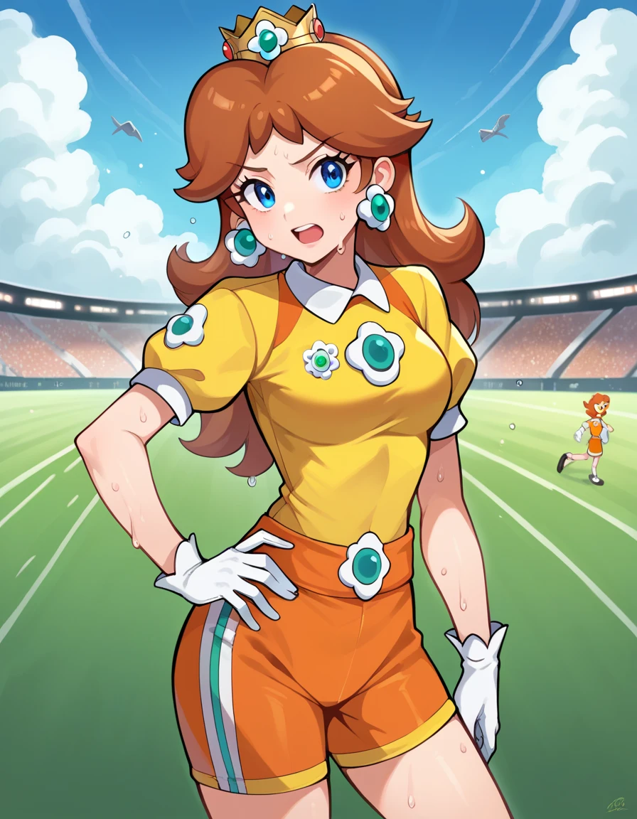 score_9, score_8_up, score_7_up, source_anime,
princessdaisy, princess daisy, blue eyes, long hair, orange hair, Daisy,brown hair,blue eyes,long hair,flower earrings,small crown, number 8 soccer uniform, short sleeves, white gloves, orange shorts, midriff, number 8, standing, sweaty, exhausted, hand on hips soccer field, science fiction, outdoors, open mouth, out of breath, wet with sweat, covered in sweat, sweaty belly, sweaty body, sweaty face, tired expression (insanely detailed, masterpiece, best quality),
