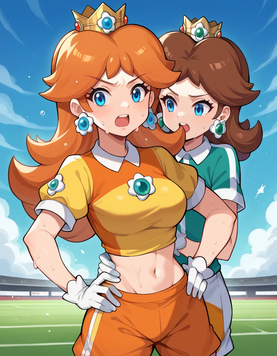 score_9, score_8_up, score_7_up, source_anime,
princessdaisy, princess daisy, blue eyes, long hair, orange hair, Daisy,brown hair,blue eyes,long hair,flower earrings,small crown, number 8 soccer uniform, short sleeves, white gloves, orange shorts, midriff, number 8, standing, sweaty, exhausted, hand on hips soccer field, science fiction, outdoors, open mouth, out of breath, wet with sweat, covered in sweat, sweaty belly, sweaty body, sweaty face, tired expression (insanely detailed, masterpiece, best quality),
