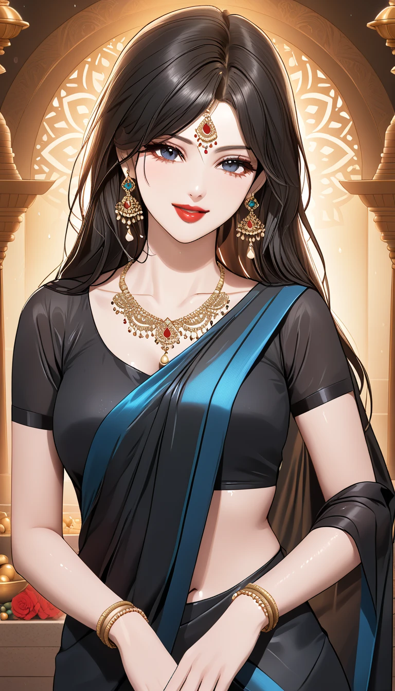 ((1woman, mature, straight hair, wet black saree, big long  jhumka earrings , detailed alluring eyes, smooth detailed lips, beautiful face, smiling ,red lipstick ,navel,bangles,blue ribbon, necklace ,wet hair