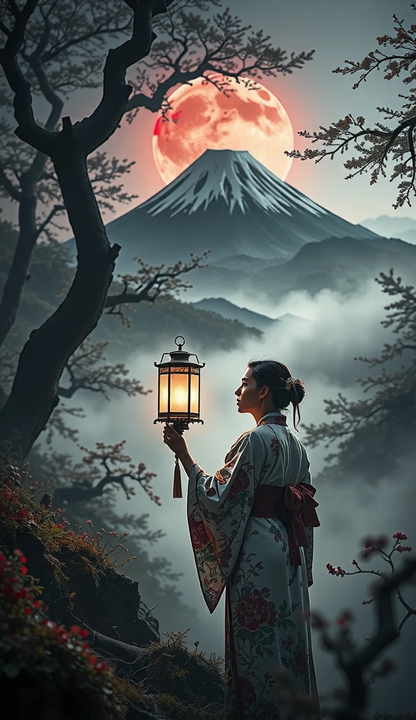 "A dense, mist-shrouded forest at the base of Mount Fuji, with an eerie red moon casting faint light through the towering trees. A man in a traditional Japanese kimono clutches a dim lantern as ghostly women in white funeral kimonos float silently behind him. Their pale faces are contorted with rage, their mouths unnaturally wide, emitting silent screams. Translucent shadowy hands emerge from the tree trunks, glowing faintly under the moonlight. Overlay effects of drifting mist, glowing red eyes in the background, and faint blood splatters in the air add to the dread. Ultra-realistic 3D cinematic style with high detail and a terrifying, immersive atmosphere."