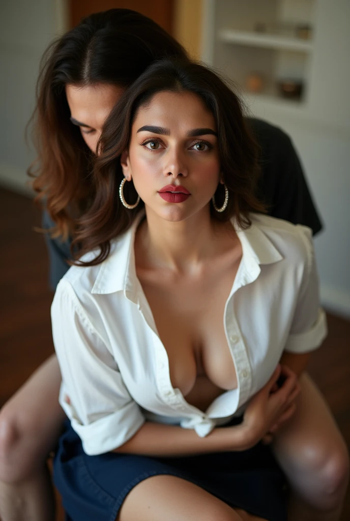 Hot beautiful modern girl, bending forward on table, at home, showing breast to the camera, nsfw, hands in table, she is having sex with Man, Man holding her breast from behind, nsfw, she is facing camera, Close up shot 16K UHD photo, she is wearing fully unbuttoned school white shirt, and dark blue skirt, shirt fully open, showing breast, having sex in ((Doggy style sex)), hot red lips, boho house, detailed view, nsfw