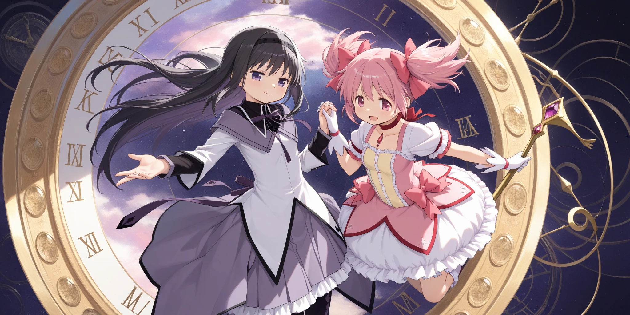 (2girls:1.5),(akemi_homura\(Puella Magi Madoka Magica,magical_girl,purple long hair,purple costume\) and kaname_madoka\(Puella Magi Madoka Magica,Magical_Girl,pink short twin tails,pink costume\) are holding hands:1.3),colorful and geometric and chaotic background of chaotic gothic shadow puppet castles,(in a very psychedelic nightmare),big clock motif at the center of background,. BREAK .quality\(8k,wallpaper of extremely detailed CG unit, high resolution, top-quality, top-quality real texture skin, hyper realistic, increase the resolution, RAW photos, best quality, highly detailed, the wallpaper, golden ratio, high saturation realism, vibrant colors, dramatic lighting, persuasive storytelling, atmospheric scenery, captivating visuals, intricate details, strong emotions, dreamlike world\).(long shot),wide shot,landscape,blured background,(art by Maurits Escher:1.3)