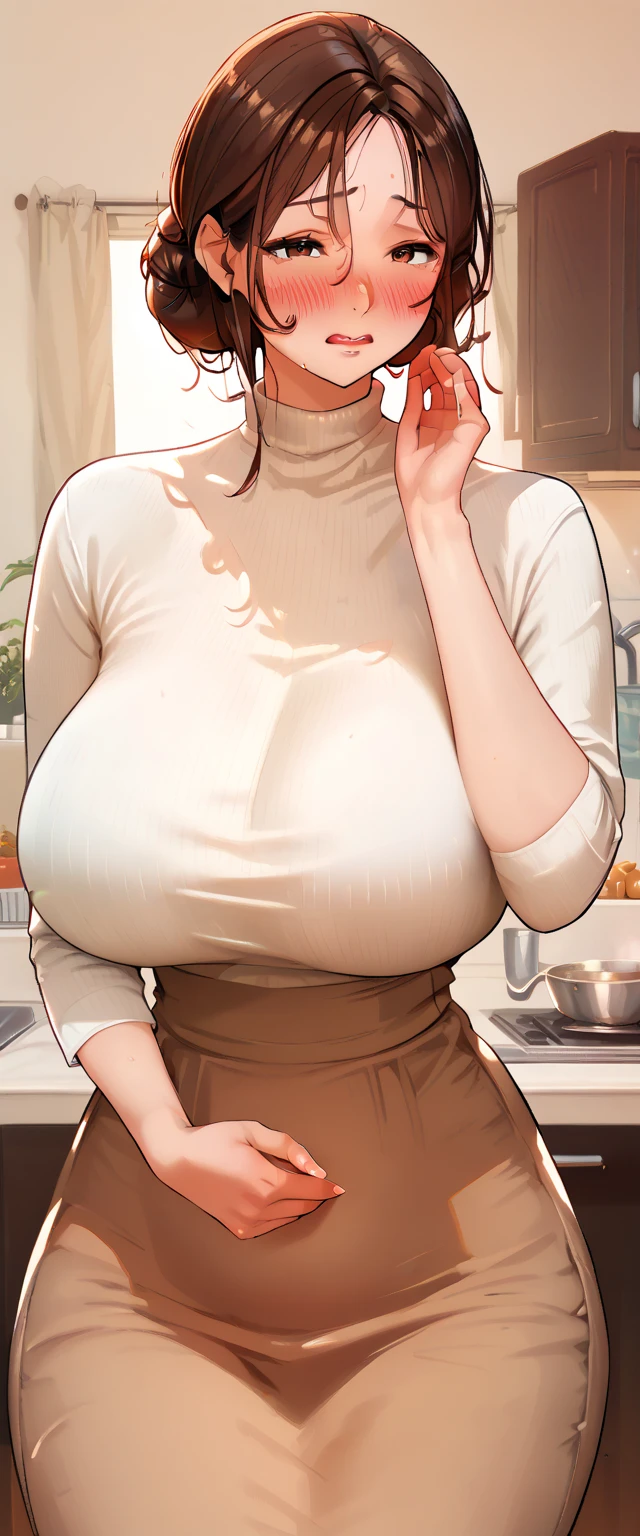 Best quality, Milf, mature woman, demure mom, detailed face, brown hair, messy bun hairstyle, brown eyes, huge breasts, small waist, wide hips, shy embarrassed face, white turtleneck blouse, long brown skirt, kitchen in the background