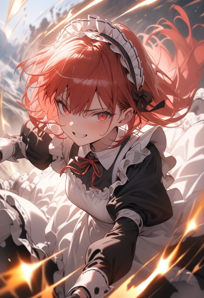 (masterpiece, best quality:1.2), super detailed, beautiful details eyes, Clean and delicate face, 1girl, solo, Red bob hair, red eyes, maid, black dress, frills, puffy sleeves, long sleeves, white maid headdress, thigh, black gloves, army boots, battle action, power movements, strenuous movements, Dynamic Motion Blur, atmosphere full of steam, professional lighting, Dynamic action scenes