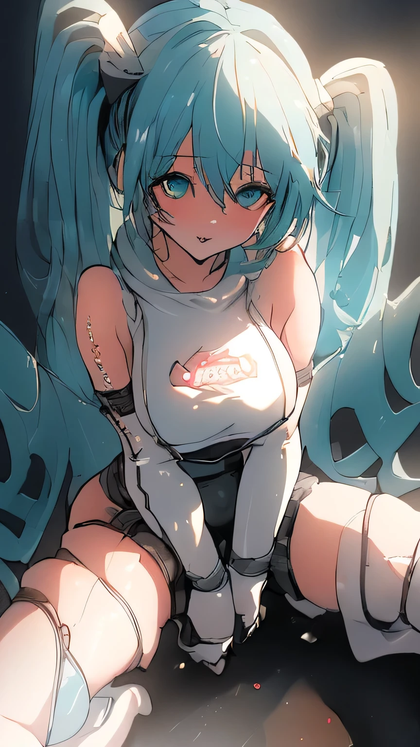 racing miku, 1 person,(( Transparent design )) , Garage , (( big breasts )) , (( Squats , open legs:1.9 )), ( Pussy line , Love juice ), parted lips , seductive smile , cinematic lighting ,cinematic lighting , cinematic angle, soft light , color detail, backlighting, Depth of field, long exposure, light steps, intricate colors, vibrant colors,((( HDR,UHD,8K, best quality ,masterpiece ))), very aesthetic, absurdres,((fix_hands)),((fix_arms)), ((fix_feet)), (( fix_legs )), ((fix_fingers)),masterpiece, best quality, very aesthetic, absurdres,