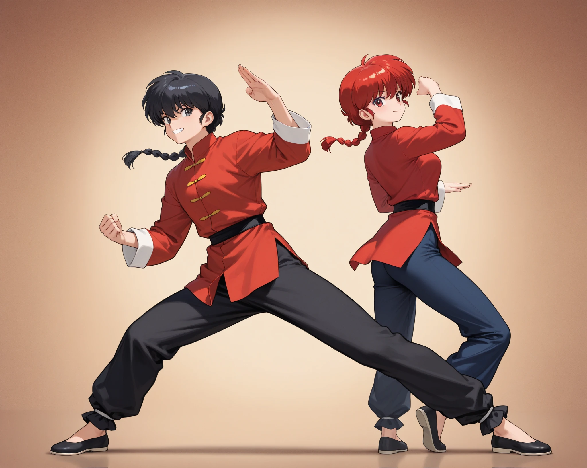 (solo:1.3),(1boy and 1girl\((back to back:1.4)\):1.4), 1boy\(Ranma, the main character of anime\(Ranma1/2\), braided black hair, gray eyes, red Chinese clothes, smiling, ranma saotome, single braid, braided ponytail,pants, chinese clothes, tangzhuang, kung fu pose\),1girl\(Ranma, the main character of anime\(Ranma1/2\), braided red hair, red eyes, red Chinese clothes, smiling, ranma saotome, braid, red hair, single braid, braided ponytail, red eyes,pants, chinese clothes, tangzhuang, kung fu pose,purple eyeshadow).background\(many deformed panda,simple chinese design\). BREAK .quality\(8k,wallpaper of extremely detailed CG unit, high resolution, top-quality, top-quality real texture skin, hyper realistic, increase the resolution, RAW photos, best quality, highly detailed, the wallpaper, golden ratio, high saturation realism, vibrant colors, dramatic lighting, persuasive storytelling, atmospheric scenery, captivating visuals, intricate details, strong emotions, dreamlike world\)