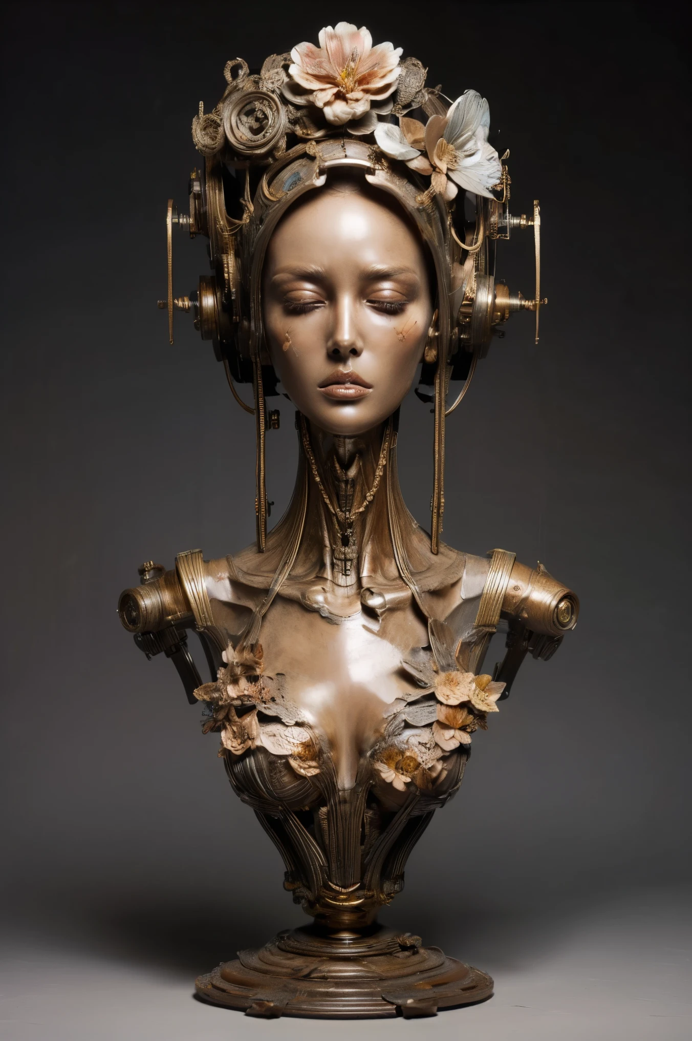 (masterpeace), ((super real photography: 1.5)), ((photo realistic: 1.3)), (real photo), whole body,
A Japanese girl with a lot of flowers, ((A young girl robot: 1.5)), (statue),
BREAK
headgear, ((real clear skin)), ((beautiful face: 1.5)), ((Super cute: 1.5)), (kawaii: 1.5), ((well-balanced face)), (close eyes: 1.3)), longeyelashes, stunning big eyes, luscious glossy lips, ((blunt bangs)),
BREAK
(slender body: 1.3), petite bust, flower bloom, (flowers: 1.5),
BREAK
High-Mechanic body, octane rendering, Super Detailed machine, ((connected electric cables)),
BREAK
(simple background: 1.3), ((bust shot: 1.3)), cinema quality, professional photograph, (photo studio: 1.5), (Bright Light: 1.2), Eye-Level Shot, wide lens, (fujifilm 35mm), (film photo), RAW, Excessive Embellishment, UHD,
BREAK
anatomically correct, textured skin, best quality, 8k