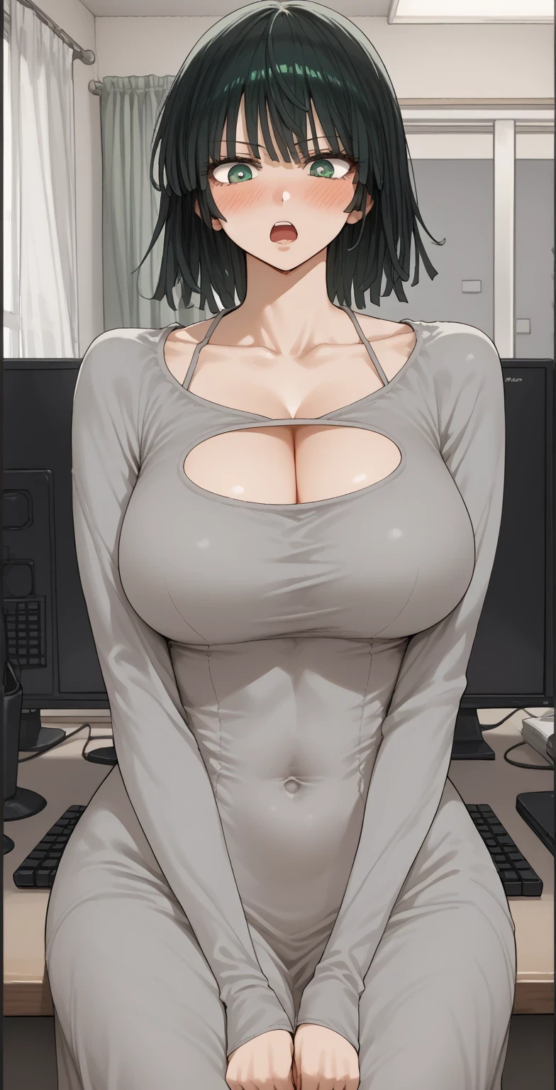 score_9, score_8_up, score_7_up, source_anime, BREAK 1girl, EPopmFubuki, black hair, short hair, green eyes, large breast, 
 1girl, breasts, solo, cleavage, large_breasts, covered_navel, dress, open_mouth, looking_at_viewer, grey_dress, watermark, green_hair, grey_eyes, long_hair, bangs, collarbone, long_sleeves, blush, clothing_cutout, indoors, keyboard_(computer), 